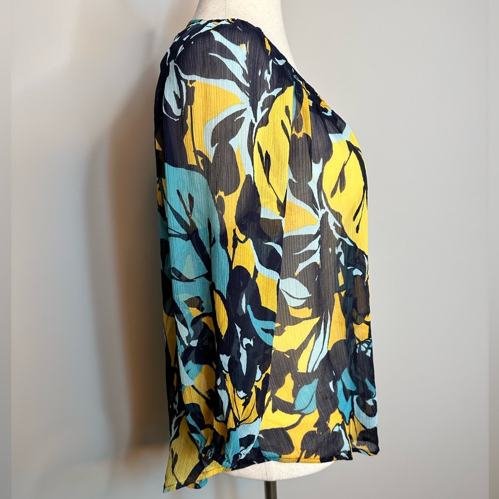 Sz Petite Large St John’s Bay long sleeve tie neck floral blouse teal yellow - Picture 3 of 6